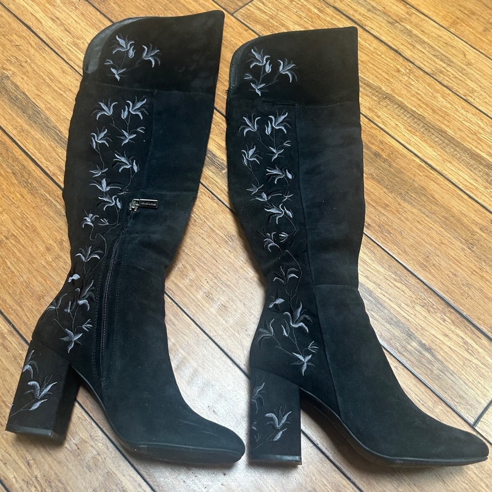 Kenneth Cole suede embroidered over the knee boots.